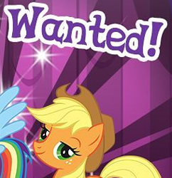 Size: 254x262 | Tagged: safe, derpibooru import, applejack, rainbow dash, earth pony, pegasus, pony, g4, applejack's hat, clothes, cowboy hat, cropped, english, female, gameloft, hat, looking at you, mare, meme, solo focus, stock vector, text, wanted, wings, wow! glimmer