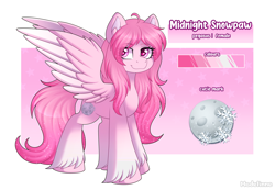 Size: 6000x4147 | Tagged: safe, artist:madelinne, derpibooru import, oc, oc:midnight snowpaw, pegasus, commission, cutie mark, female, long hair, mare, passepartout, pegasus oc, pink body, pink eyes, pink mane, reference sheet, solo