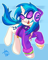 Size: 1638x2048 | Tagged: safe, artist:erieillustrates, derpibooru import, dj pon-3, vinyl scratch, pony, unicorn, g4, clothes, female, horn, mare, open mouth, open smile, smiling, solo