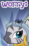 Size: 97x153 | Tagged: safe, derpibooru import, zecora, spider, g4, alternate hairstyle, beautiful, clothes, costume, cropped, english, gameloft, halloween, holiday, long hair, looking at you, meme, nightmare night, nightmare night costume, picture for breezies, robes, smiling, smiling at you, solo, text, worried, wow! glimmer