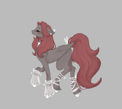 Size: 1800x1600 | Tagged: safe, artist:lunciafnafpl, derpibooru import, oc, oc:blair, pegasus, pony, bipedal, bow, choker, ear piercing, earring, ears, eyes closed, female, floppy ears, gray background, jewelry, leg wraps, mare, piercing, profile, simple background, solo, tail, tail bow, unshorn fetlocks