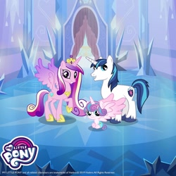 Size: 1080x1080 | Tagged: safe, derpibooru import, princess cadance, princess flurry heart, shining armor, alicorn, pony, unicorn, g4, gameloft, height difference, horn, indoors, large wings, physique difference, slender, spread wings, thin, wings