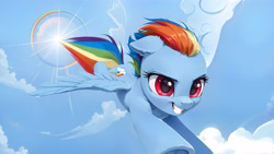 Size: 5856x3296 | Tagged: safe, ai content, derpibooru import, machine learning generated, rainbow dash, pegasus, pony, g4, cloud, day, female, flying, outdoors, prompter:bluetoothworld, rainbow, rainbow trail, sky, smiling, solo, sonic rainboom, wings