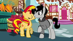 Size: 8192x4608 | Tagged: safe, artist:alicesponycorner, derpibooru import, sunset shimmer, oc, pony, unicorn, g4, eff minus, female, horn, kiss on the cheek, kissing, male, mare, monochrome, outdoors, ponytube, ponyville, ship, show accurate, stallion, stallion oc, youtuber