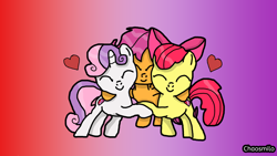 Size: 1920x1080 | Tagged: safe, artist:chaosmilo, derpibooru import, apple bloom, scootaloo, sweetie belle, earth pony, pegasus, pony, unicorn, crusaders of the lost mark, g4, adorabloom, bow, cute, cutealoo, cutie mark crusaders, diasweetes, female, filly, foal, gradient background, hair bow, horn, hug, my little pony: friendship is magic, trio, trio female