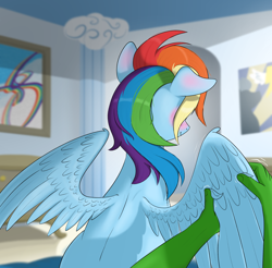 Size: 2520x2480 | Tagged: safe, artist:eels, derpibooru import, rainbow dash, oc, oc:anon, human, pegasus, pony, grooming, indoors, preening, wing massage, wings