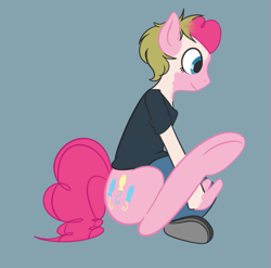 Size: 1215x1199 | Tagged: safe, artist:ashburncat, derpibooru import, pinkie pie, earth pony, human, pony, clothes, human to pony, mid-transformation, profile, simple background, sitting, solo, species swap, transformation