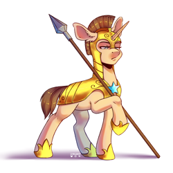 Size: 2000x2000 | Tagged: safe, artist:ak4neh, derpibooru import, oc, oc only, oc:curious heart, pony, unicorn, armor, blue eyes, brown mane, commission, ear fluff, ears, female, guardsmare, horn, mare, resting bitch face, royal guard, simple background, solo, spear, tan coat, weapon, white background