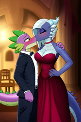 Size: 512x768 | Tagged: safe, ai content, derpibooru import, generator:novelai, generator:stable diffusion, machine learning generated, limestone pie, spike, anthro, dragon, earth pony, g4, age difference, big breasts, blushing, breasts, clothes, dress, duo, duo male and female, female, indoors, kissing, limestone pies, lowres, male, prompter:genderface, ship:spikestone, shipping, straight