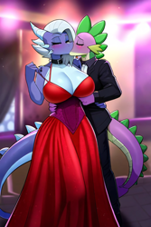 Size: 512x768 | Tagged: safe, ai content, derpibooru import, generator:novelai, generator:stable diffusion, machine learning generated, limestone pie, spike, anthro, dragon, earth pony, g4, age difference, big breasts, blushing, breasts, clothes, dragonified, dress, duo, duo male and female, female, indoors, kissing, limestone pies, lowres, male, prompter:genderface, ship:spikestone, shipping, species swap, straight