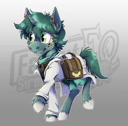 Size: 1820x1800 | Tagged: safe, artist:hallowraith, derpibooru import, oc, oc only, oc:stitches, oc:stitches (sireland), unicorn, fallout equestria, bag, clothes, doctor, doctors coat, fallout equestria oc, fallout equestria: sireland, gradient background, horn, lab coat, medic, saddle bag, scar, scrubs (gear), solo