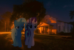 Size: 735x490 | Tagged: safe, artist:aurora_gl1mmer, derpibooru import, starlight glimmer, trixie, pony, unicorn, g4, horn, irl, night, outdoors, photo, walking