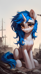 Size: 2880x5120 | Tagged: source needed, safe, ai content, derpibooru import, machine learning generated, oc, oc:homage, unicorn, fallout equestria, blue mane, blue tail, horn, orange eyes, outdoors, power line, prompter needed, solo, tail