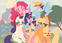 Size: 1600x1100 | Tagged: safe, artist:aurora_gl1mmer, artist:starrtrixx_, derpibooru import, applejack, fluttershy, pinkie pie, rainbow dash, rarity, twilight sparkle, alicorn, earth pony, pegasus, pony, unicorn, beanbrows, coat markings, colored eyelashes, cook hat, curved horn, eyebrows, facial markings, female, glasses, glasses chain, group, happy, heart, heart eyes, horn, mane six, mane six opening poses, mare, open mouth, open smile, outdoors, purple eyelashes, screenshot redraw, sextet, smiling, snip (coat marking), socks (coat marking), teal eyelashes, wingding eyes