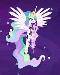 Size: 235x294 | Tagged: safe, derpibooru import, screencap, princess celestia, starlight glimmer, alicorn, pony, unicorn, a royal problem, g4, season 7, cropped, duo, duo female, female, flying, holding, holding a pony, horn, mare, momlestia, my little pony: friendship is magic