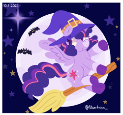 Size: 1600x1500 | Tagged: safe, artist:aurora_gl1mmer, artist:starrtrixx_, derpibooru import, twilight sparkle, twilight sparkle (alicorn), alicorn, pony, broom, clothes, costume, female, halloween, halloween costume, hat, holiday, mare, outdoors, passepartout, vector redraw, witch hat