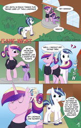 Size: 2400x3800 | Tagged: safe, artist:single purpose, derpibooru import, princess cadance, shining armor, twilight sparkle, unicorn, comic:game night, g4, bow, comic, eyes closed, female, filly, filly twilight sparkle, foal, horn, outdoors, seduction, tail, tail seduce, teen princess cadance, younger