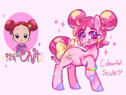 Size: 2048x1536 | Tagged: safe, artist:sonira24, derpibooru import, earth pony, pony, :d, anime, bead bracelet, blushing, bow, doremi harukaze, double buns, female, filly, foal, full body, heart, heart eyes, ojamajo doremi, open mouth, open smile, pink background, ponified, raised hoof, raised leg, reference used, simple background, smiling, solo, sparkles, species swap, tail, tail bow, text, wingding eyes