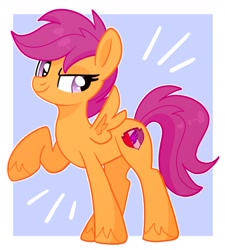 Size: 1503x1668 | Tagged: safe, artist:cinnamontee, derpibooru import, scootaloo, pegasus, pony, g4, female, looking back, passepartout, raised hoof, raised leg, solo, spread wings, unshorn fetlocks, wings