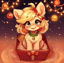 Size: 2581x2551 | Tagged: safe, artist:polnocnykot, derpibooru import, oc, oc only, earth pony, pony, auction, auction open, bell, bell collar, blushing, bow, box, candy, cheek fluff, chest fluff, christmas, christmas gift, christmas lights, christmas wreath, collar, commission, confetti, cute, detailed, ear fluff, ears, female, fluffy, food, garland, heart, holiday, looking at you, looking up, looking up at you, open mouth, open smile, overhead view, package, pony in a box, shoulder fluff, sitting, smiling, smiling at you, solo, wreath, ych example, your character here