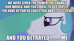 Size: 888x499 | Tagged: safe, derpibooru import, edit, edited screencap, screencap, princess celestia, g4, princess twilight sparkle (episode), season 4, caption, close-up, heartbreak, image macro, imgflip, implied betrayal, meme, movie reference, my little pony: friendship is magic, spoilers for another series, text, transformers, transformers one