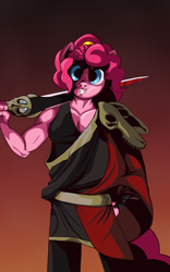 Size: 2260x3628 | Tagged: safe, artist:aaronmk, derpibooru import, pinkie pie, alligator, anthro, clothes, hades, skull, smiling, sword, toga, weapon