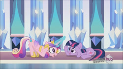 Size: 1280x720 | Tagged: safe, derpibooru import, screencap, princess cadance, twilight sparkle, unicorn twilight, alicorn, pony, unicorn, g4, the crystal empire, adorkable, cute, cutedance, dork, female, hub logo, indoors, logo, my little pony: friendship is magic, sassdance, sisters-in-law, sunshine sunshine, the hub, twiabetes, twisass sparkle