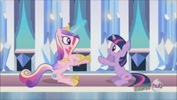 Size: 1280x720 | Tagged: safe, derpibooru import, screencap, princess cadance, twilight sparkle, unicorn twilight, alicorn, pony, unicorn, g4, the crystal empire, adorkable, cute, cutedance, dork, female, hub logo, indoors, logo, my little pony: friendship is magic, sassdance, sisters-in-law, sunshine sunshine, the hub, twiabetes, twisass sparkle