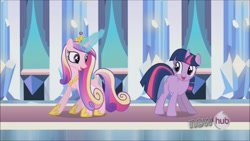 Size: 1280x720 | Tagged: safe, derpibooru import, screencap, princess cadance, twilight sparkle, unicorn twilight, alicorn, pony, unicorn, g4, the crystal empire, adorkable, cute, cutedance, dork, female, hub logo, indoors, logo, my little pony: friendship is magic, sassdance, sisters-in-law, the hub, twiabetes, twisass sparkle