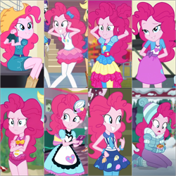 Size: 2000x2000 | Tagged: safe, derpibooru import, screencap, pinkie pie, equestria girls, g4, clothes, collage, cowboy hat, cowgirl, cute, diapinkes, dress, female, hat, outfits, sassy pie, server pinkie pie, swimsuit, winter outfit