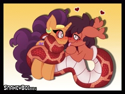 Size: 3600x2700 | Tagged: safe, artist:snakeythingy, derpibooru import, saffron masala, oc, oc:sketchy dupe, lamia, original species, pony, snake, snake pony, g4, blushing, canon x oc, coiling, coils, female, hypno eyes, hypnosis, kaa eyes, mare, tongue, tongue out, wavy mouth