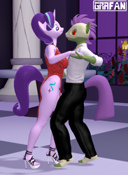 Size: 1585x2160 | Tagged: safe, artist:gradiusfanatic, derpibooru import, starlight glimmer, oc, oc:shuffle, anthro, earth pony, plantigrade anthro, unicorn, g4, 3d, dancing, earth pony oc, female, horn, indoors, male, source filmmaker, tribal pony