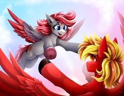 Size: 4683x3610 | Tagged: safe, artist:buvanybu, derpibooru import, oc, pegasus, pony, commission, duo, outdoors, pegasus oc, ych result