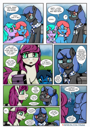 Size: 2480x3508 | Tagged: safe, artist:dsana, derpibooru import, oc, oc:blue candy, oc:hornwort, oc:lullaby dusk, oc:minty mint, oc:thistledown, earth pony, pegasus, pony, unicorn, comic:a storm's lullaby, horn, outdoors