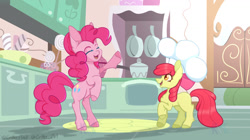 Size: 1160x648 | Tagged: safe, artist:critterflash, derpibooru import, apple bloom, pinkie pie, earth pony, pony, call of the cutie, g4, :d, bipedal, bow, chef's hat, eyes closed, female, filly, foal, full body, hair bow, hat, indoors, kitchen, mare, my little pony: friendship is magic, open mouth, open smile, raised hoof, raised leg, scene interpretation, smiling, text