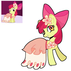 Size: 2000x2000 | Tagged: safe, artist:ponemeu88, derpibooru import, apple bloom, earth pony, pony, g4, adorabloom, bow, clothes, cute, dress, female, filly, flower, flower in hair, foal, full body, grin, hair bow, looking at you, reference used, simple background, smiling, solo, white background