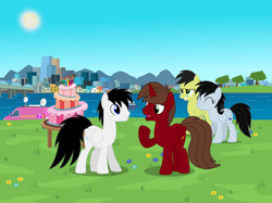 Size: 10000x7468 | Tagged: safe, artist:rogan140, derpibooru import, oc, oc:chloe park, oc:rogan, oc:sadie park, oc:shane park, pegasus, pony, female, male, outdoors, pegasus oc, stallion