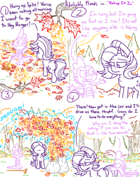 Size: 4779x6013 | Tagged: safe, artist:adorkabletwilightandfriends, derpibooru import, spike, starlight glimmer, comic:adorkable twilight and friends, g4, adorkable, adorkable friends, angry, autumn, autumn leaves, blurry, blurry background, butt, colorful, comic, cute, dork, falling leaves, forest, glimmer glutes, high angle, leaves, nature, outdoors, perspective, plot, rake, raking, sad, scenery, slice of life, teasing, tree, upset