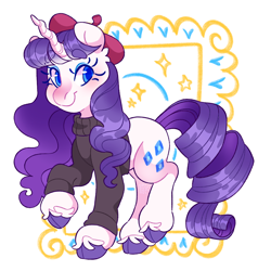 Size: 2048x2045 | Tagged: safe, artist:cocopudu, derpibooru import, rarity, pony, unicorn, g4, alternate hairstyle, beatnik rarity, beret, bipedal, blue eyeshadow, clothes, cloven hooves, colored hooves, colored pupils, eyebrows, eyebrows visible through hair, eyeshadow, female, hat, high res, hooves, horn, looking back, makeup, mare, nose blush, purple hooves, signature, smiling, solo, sweater, tail, turtleneck, turtleneck sweater, twisted horn, unshorn fetlocks