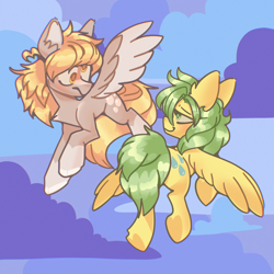 Size: 3000x3000 | Tagged: safe, artist:pastacrylic, derpibooru import, derpy hooves, sunshower raindrops, pegasus, pony, g4, alternate design, background pony, chest fluff, colored fetlocks, colored wings, ear fluff, ears, female, flying, frown, lidded eyes, mare, outdoors, sky, smiling, smirk, spread wings, two toned wings, wings