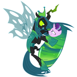 Size: 894x894 | Tagged: artist needed, source needed, safe, derpibooru import, queen chrysalis, starlight glimmer, changeling, changeling queen, pony, unicorn, g4, the ending of the end, carrying, cocoon, coward, duo, duo female, female, flying, gritted teeth, horn, looking at each other, looking at someone, my little pony: friendship is magic, open mouth, open smile, simple background, smiling, teeth, transparent background, trapped, ultimate chrysalis