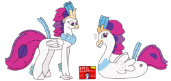 Size: 3264x1556 | Tagged: safe, artist:supahdonarudo, derpibooru import, queen novo, classical hippogriff, hippogriff, g4, bootleg, box, confused, pool toy, queen novo is not amused, simple background, transparent background, unamused