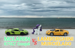 Size: 1112x719 | Tagged: safe, artist:dingopatagonico, derpibooru import, rarity, pony, unicorn, car, horn, lamborghini, lamborghini murcielago, mc laren 675, mclaren, outdoors, photo, solo, toy