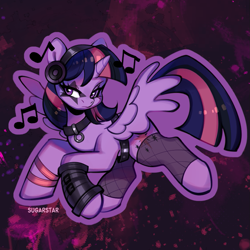 Size: 905x905 | Tagged: safe, artist:sugarstar, derpibooru import, twilight sparkle, twilight sparkle (alicorn), alicorn, pony, collar, female, goth, headphones, horn, mare, note, solo, spread wings, wings