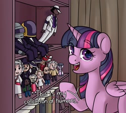 Size: 3000x2700 | Tagged: safe, artist:xwosya, derpibooru import, twilight sparkle, twilight sparkle (alicorn), alicorn, human, pony, g4, albert einstein, bob marley, book, bookshelf, charlie chaplin, collection, colonel sanders, daft punk, female, figure, hourglass, indoors, kfc, looking at you, mare, marilyn monroe, michael jackson, queen elizabeth ii, raised hoof, raised leg, shelf, solo, steve jobs