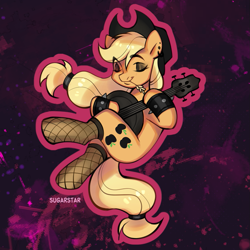 Size: 905x905 | Tagged: safe, artist:sugarstar, derpibooru import, applejack, earth pony, pony, banjo, clothes, ear piercing, eyes closed, eyeshadow, fishnet clothing, fishnet stockings, goth, hat, makeup, musical instrument, piercing, playing instrument, solo, stockings, thigh highs