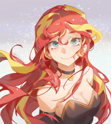 Size: 1488x1659 | Tagged: safe, artist:animesoul, derpibooru import, sunset shimmer, human, g4, bare shoulders, breasts, choker, cleavage, clothes, cute, female, humanized, looking at you, shimmerbetes, simple background, sleeveless, smiling, smiling at you, solo, strapless, sunset jiggler