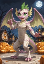 Size: 800x1160 | Tagged: safe, ai content, derpibooru import, generator:pony diffusion v6 xl, generator:stable diffusion, machine learning generated, spike, dragon, undead, g4, clothes, costume, cute, dragon wings, halloween, halloween costume, holiday, jack-o-lantern, male, moon, mummy, mummy costume, older, older spike, outdoors, prompter:gregorymars, pumpkin, solo, spikabetes, standing, teenage spike, teenaged dragon, teenager, winged spike, wings