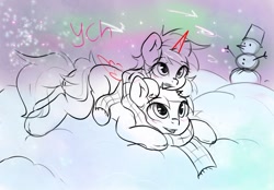 Size: 1280x889 | Tagged: safe, artist:kristina, derpibooru import, oc, alicorn, earth pony, pegasus, pony, unicorn, commission, couple, duo, horn, hug, outdoors, snow, ych example, your character here