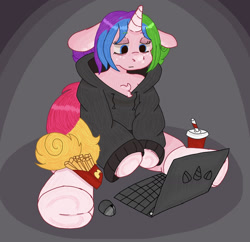 Size: 1564x1514 | Tagged: safe, artist:omnia, derpibooru import, oc, oc:rainy shine, clothes, computer, female, hoodie, laptop computer, mare, solo